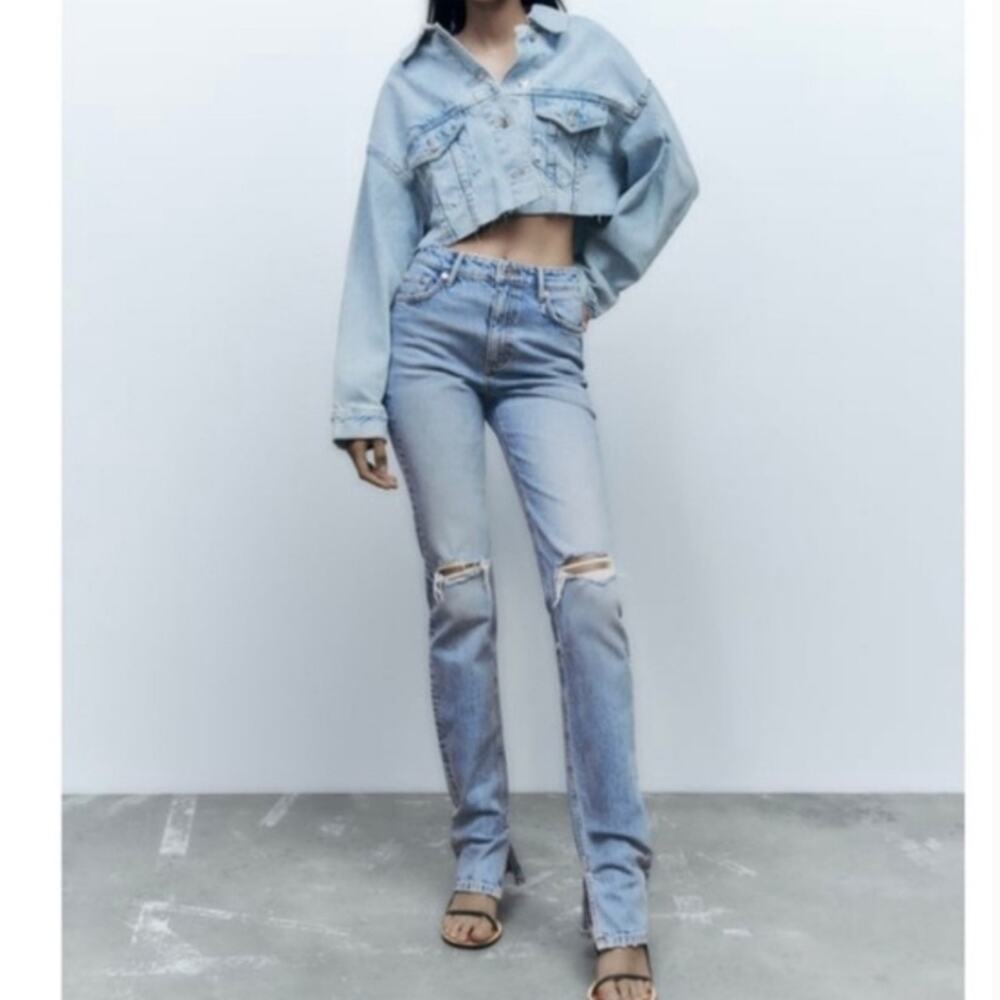 Zara High Waisted Distressed Split Hem Straight Leg Jeans Blue 4 US